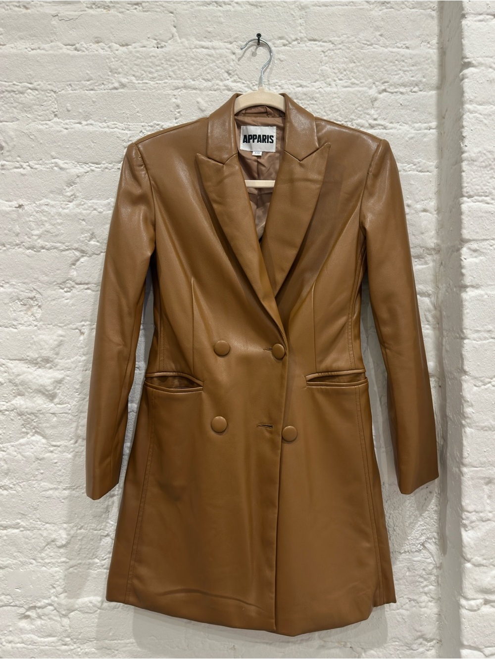 Apparis Caramel Brown Double-Breasted Leather Blazer
